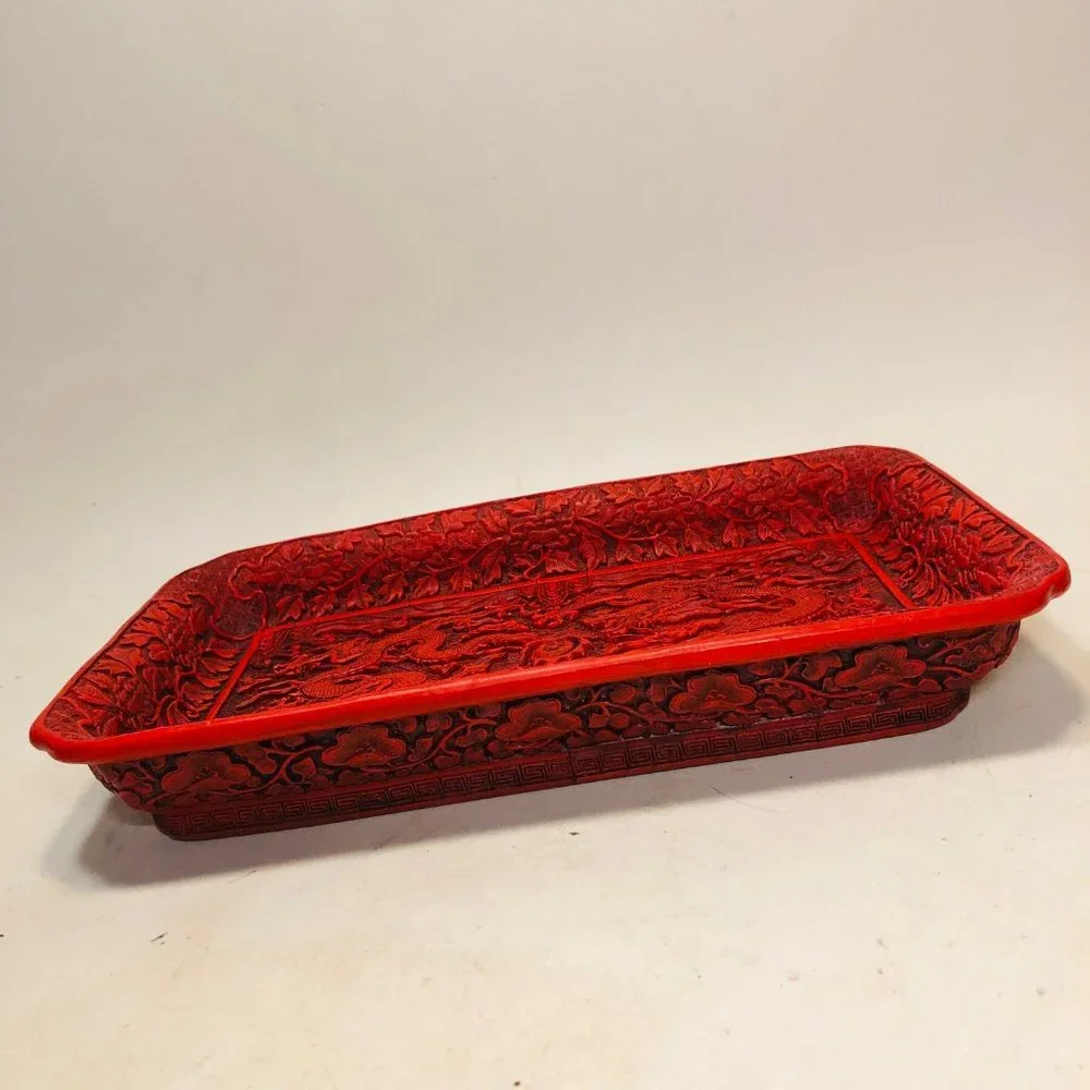 Vtg Chinese Cinnabar Style Resin Dragons Tray